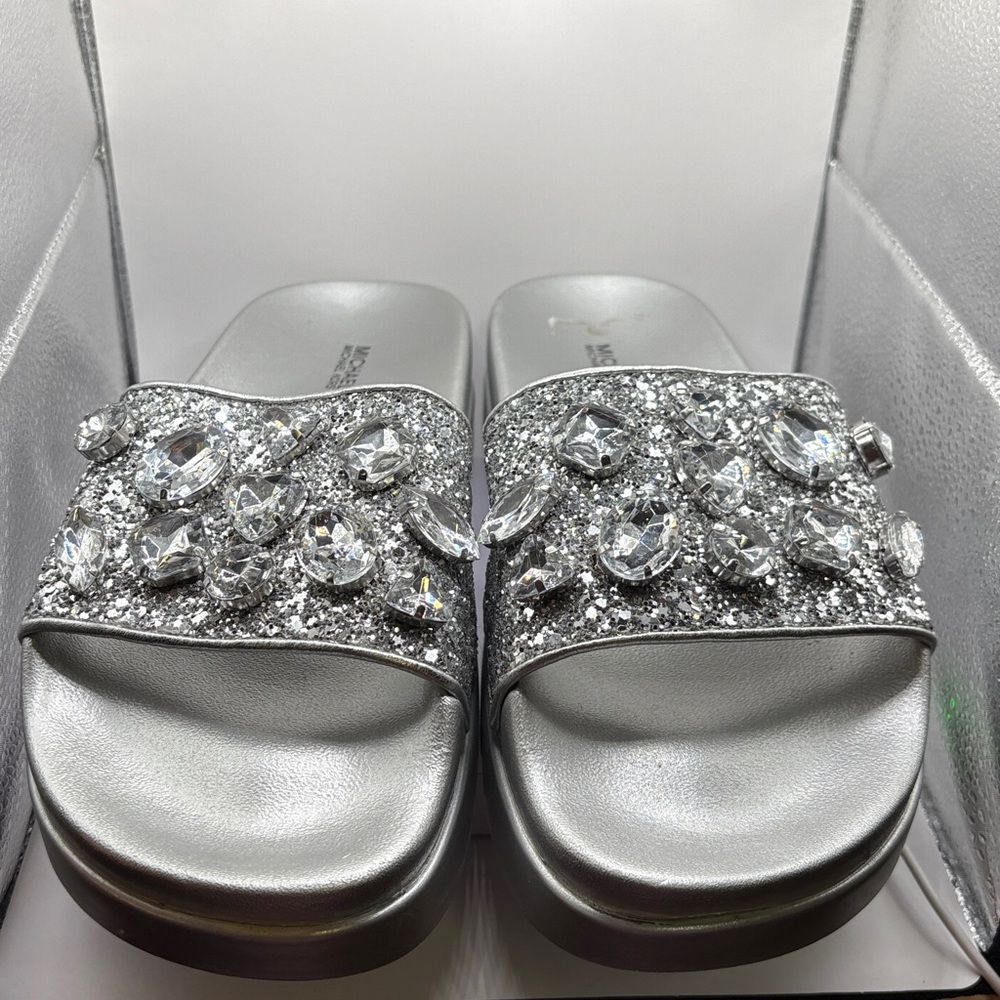 Michael Kors Tyra Silver Glitter Jewel Embellished Slide Sandals Size 9 - Picture 4 of 11